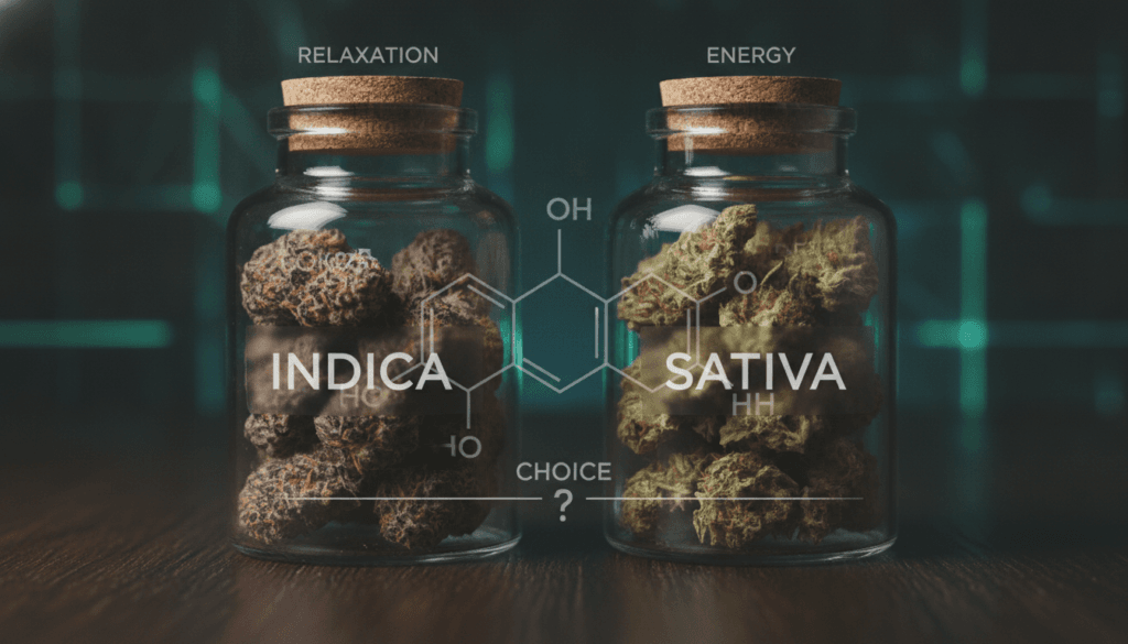Two cannabis product jars labeled with molecular structure concept