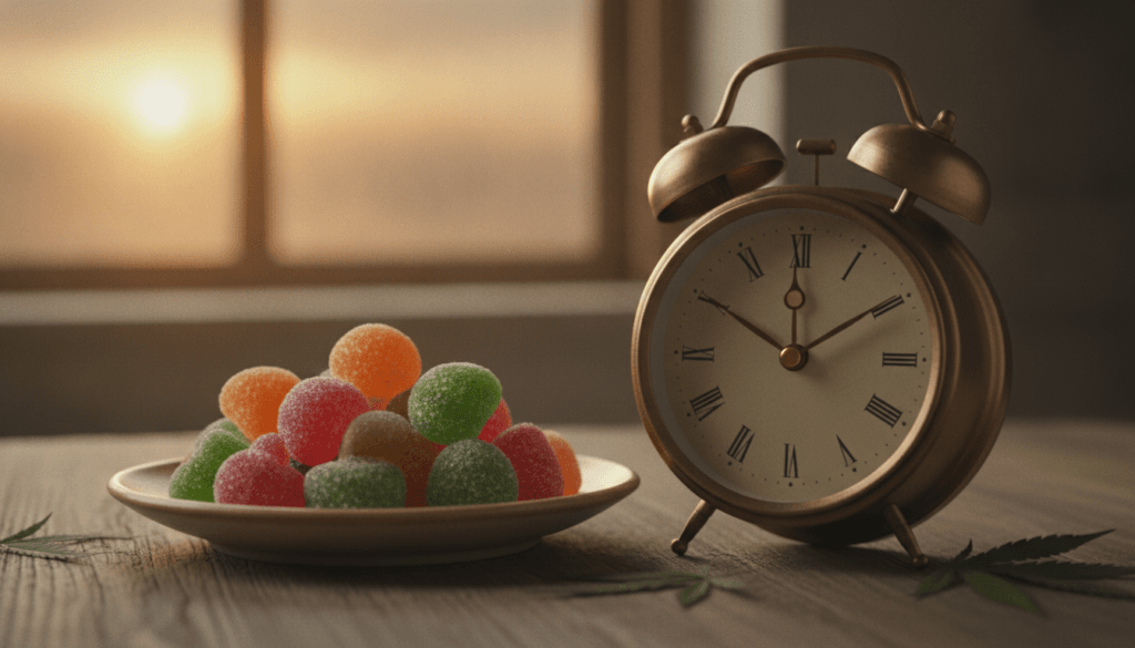 THC gummy edibles on a plate with a clock concept