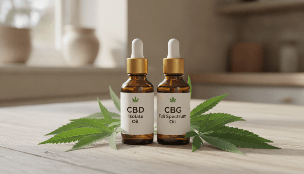 Two small bottles of cannabinoid extracts labeled with cannabis leaves