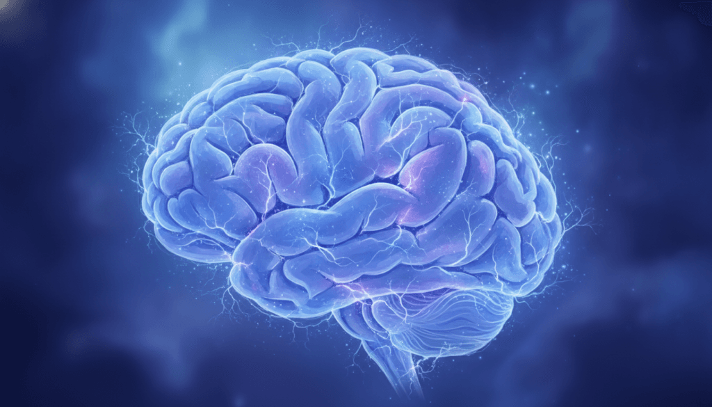 Abstract illustration of a brain with neural connections in calming colors