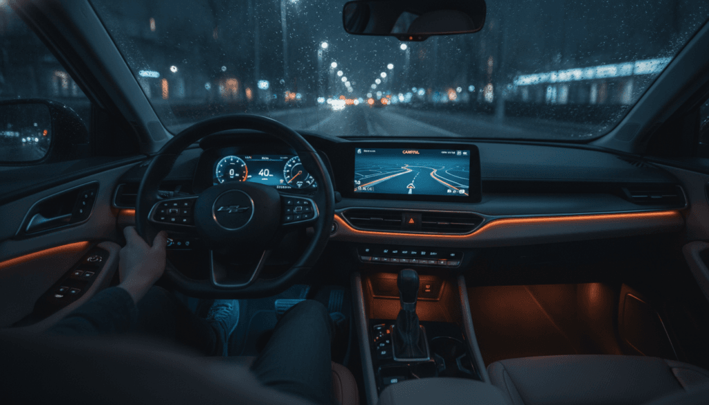 Car dashboard at night with subtle cannabis leaf reflection concept