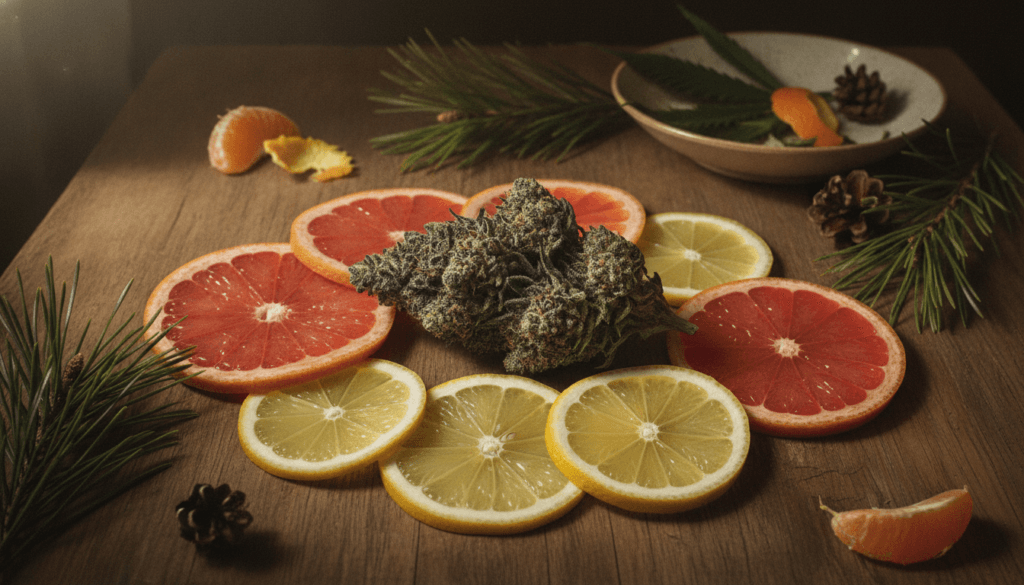 Cannabis flower with citrus and pine elements representing terpenes