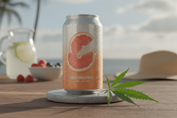 Canned seltzer beverages with hemp leaf on a table