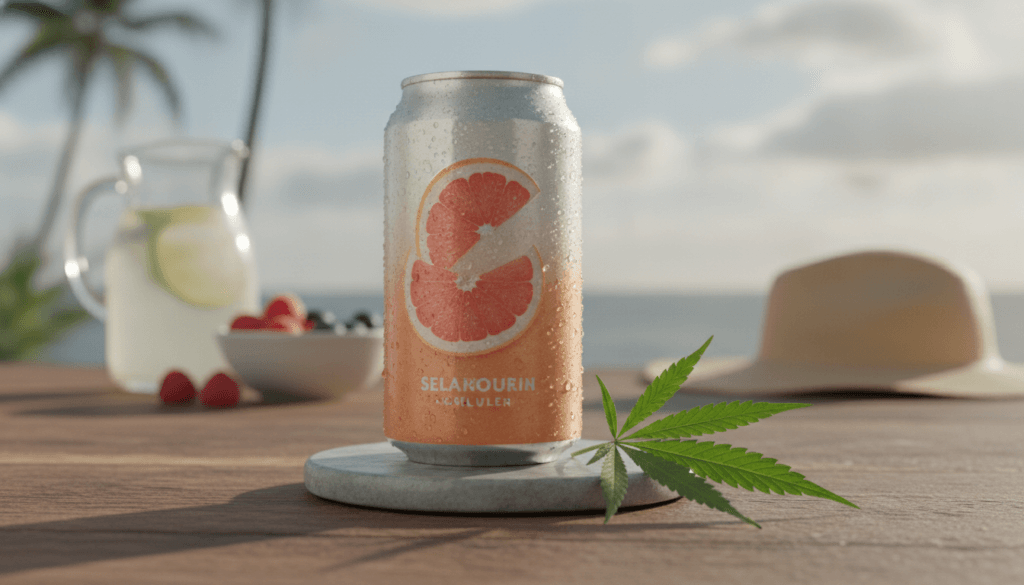 Canned seltzer beverages with hemp leaf on a table