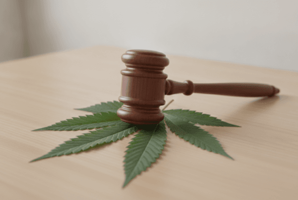 Wooden gavel resting on a hemp leaf on a desk