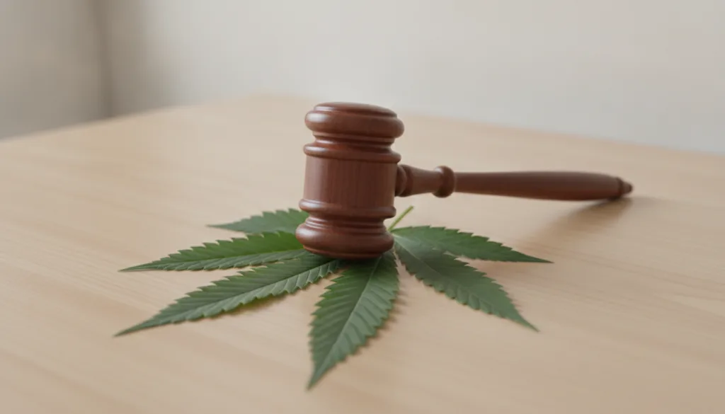 Wooden gavel resting on a hemp leaf on a desk