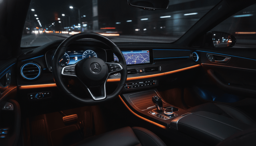 Car steering wheel at night, cautious driving concept