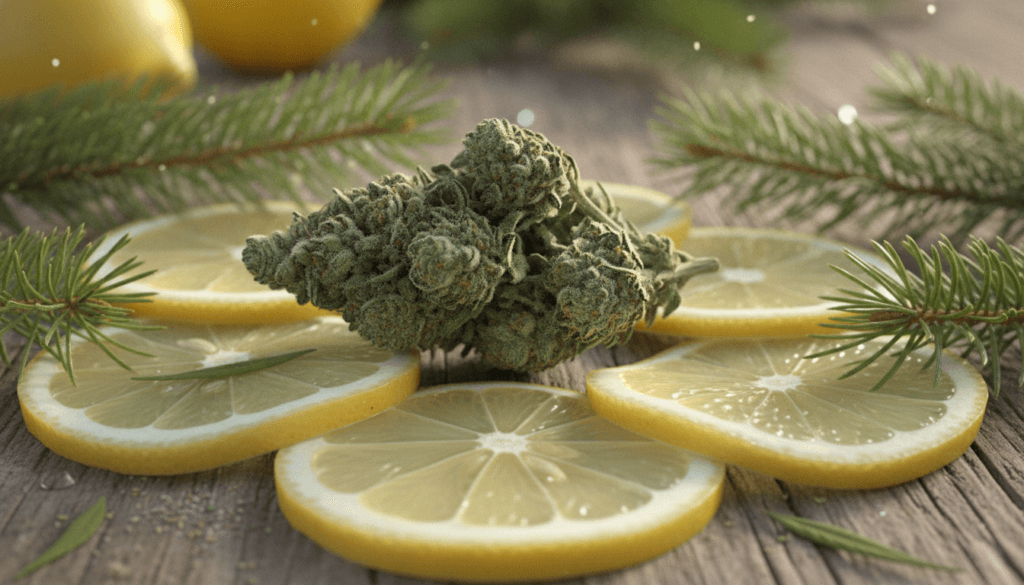 Cannabis bud surrounded by citrus slices and pine sprigs
