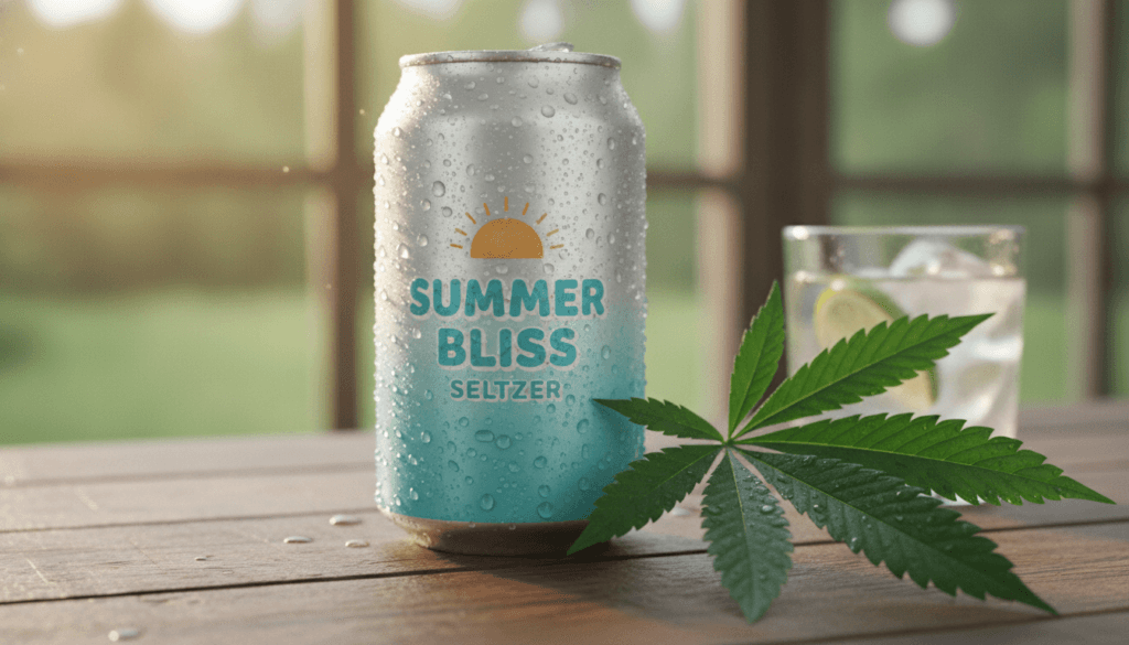 Chilled seltzer can with condensation next to a hemp leaf