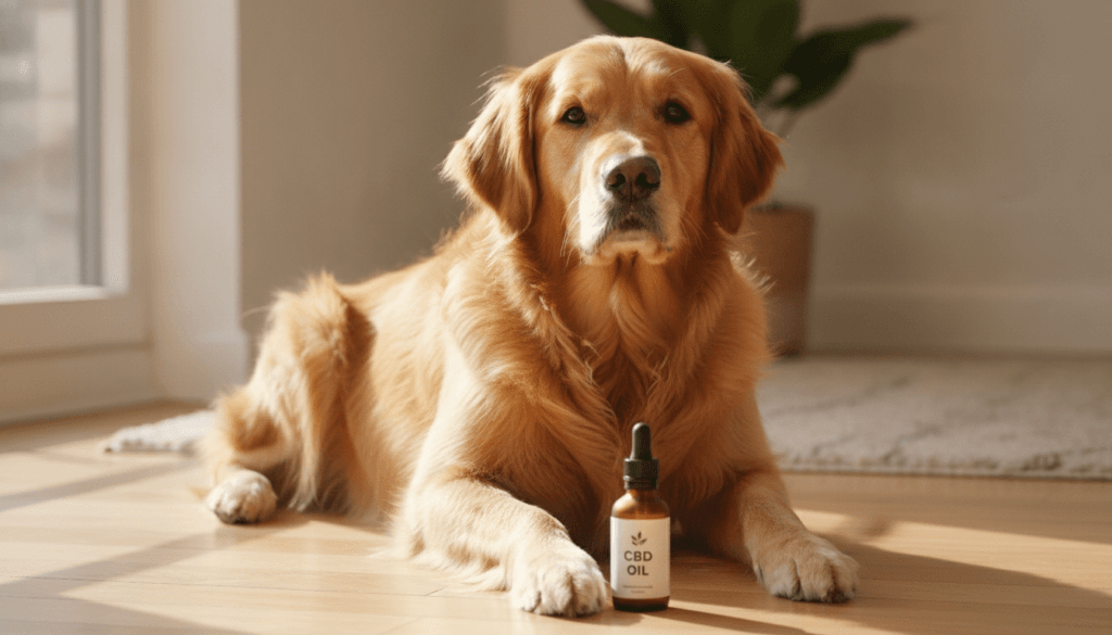 Calm dog sitting beside a CBD oil bottle