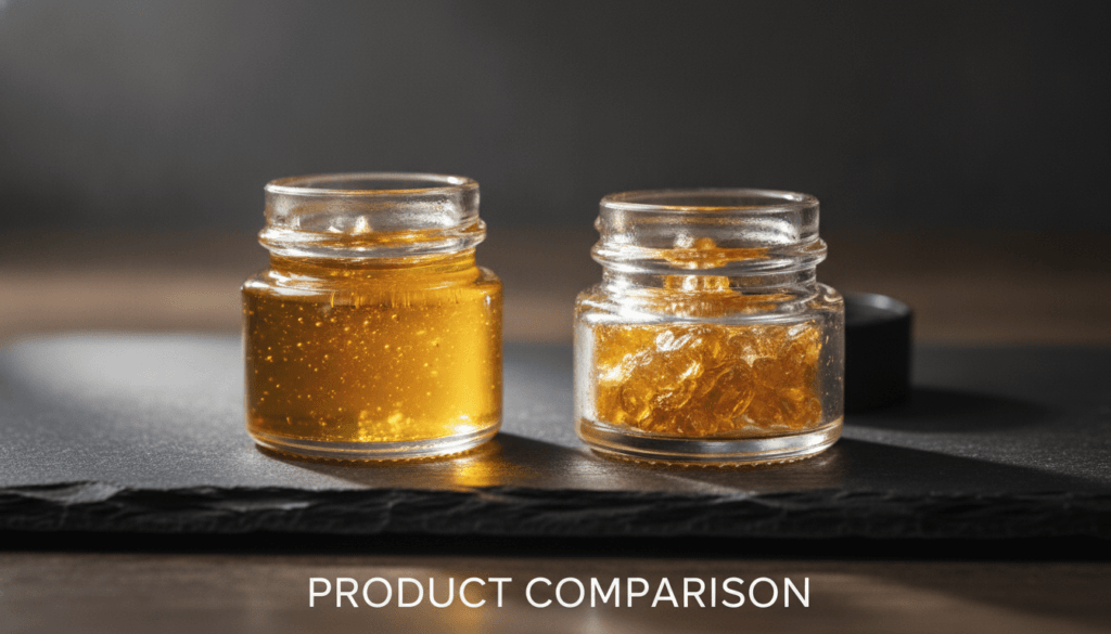 Two glass concentrate jars side by side on dark surface