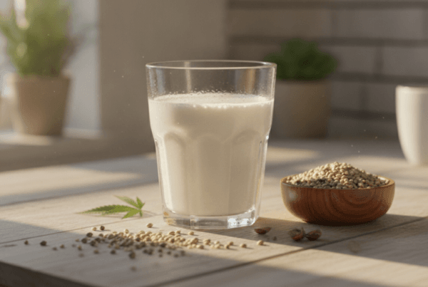 Glass of hemp milk next to hemp seeds on a wooden table