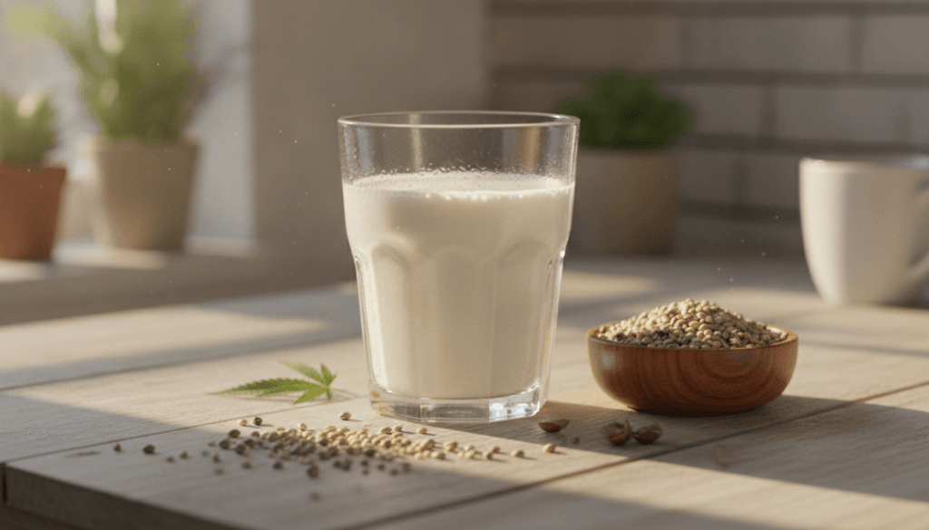 Glass of hemp milk next to hemp seeds on a wooden table