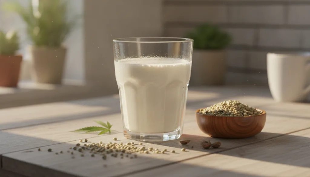 Glass of hemp milk next to hemp seeds on a wooden table