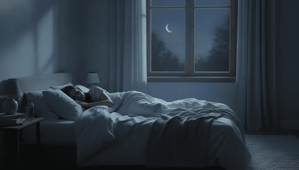 Person sleeping peacefully in bed with soft moonlight