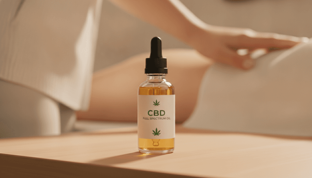 CBD oil bottle next to a person holding their lower back in pain