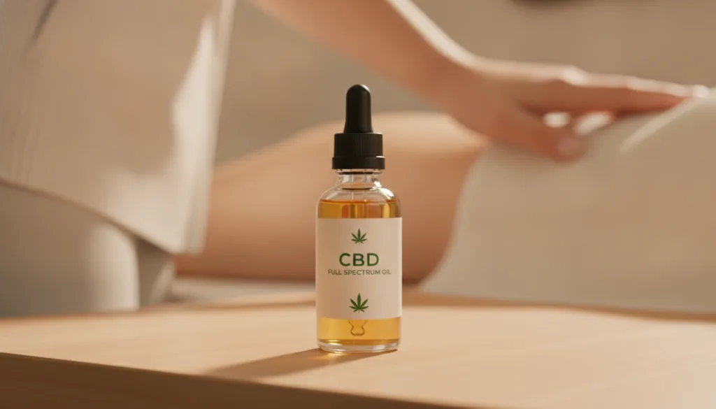 CBD oil bottle next to a person holding their lower back in pain