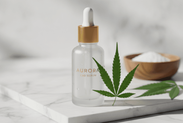 CBD skincare serum bottle with hemp leaf on marble surface