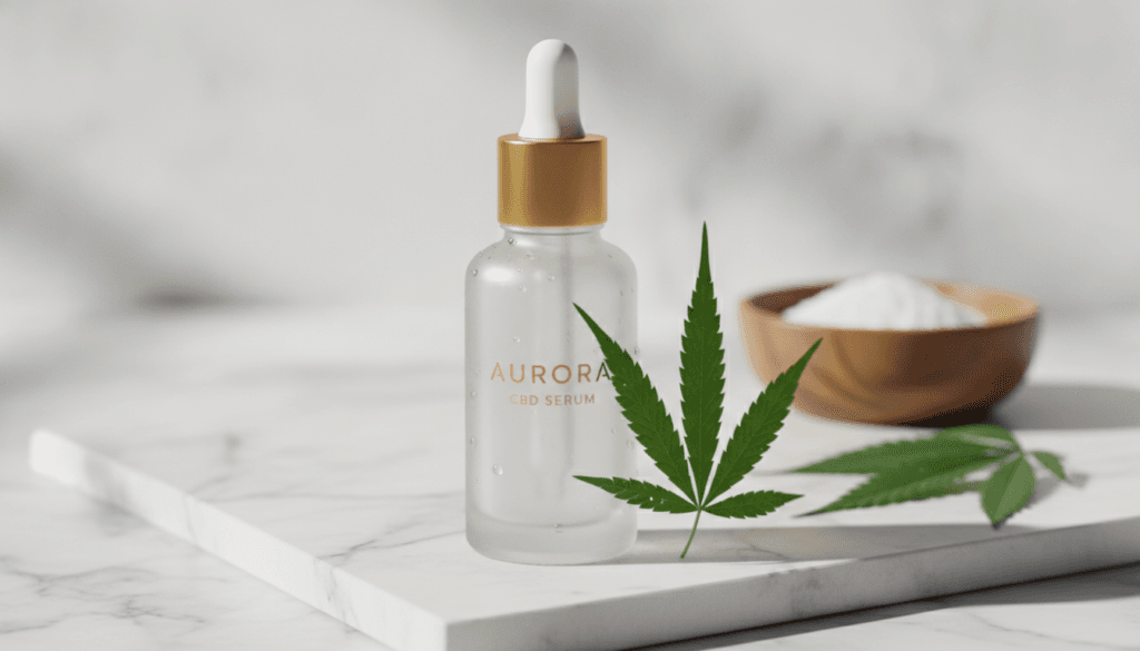CBD skincare serum bottle with hemp leaf on marble surface