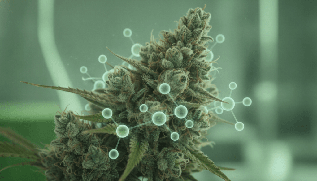 Raw hemp flower bud with molecular structure concept