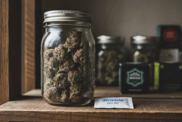 Glass jar of cannabis flower next to storage containers and a humidity pack