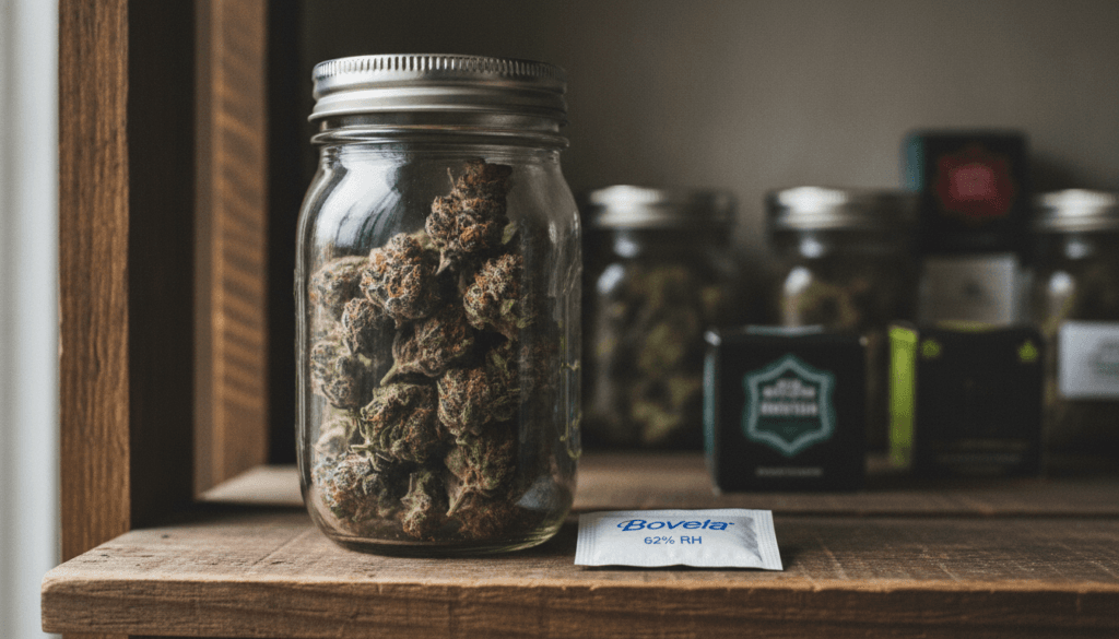Glass jar of cannabis flower next to storage containers and a humidity pack