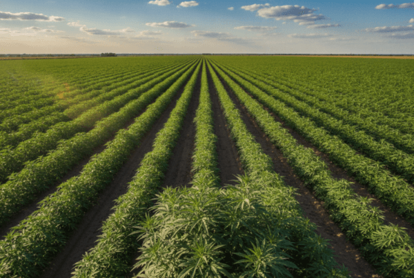 Aerial view of a green hemp field showing sustainable agriculture