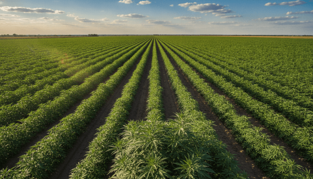 Aerial view of a green hemp field showing sustainable agriculture