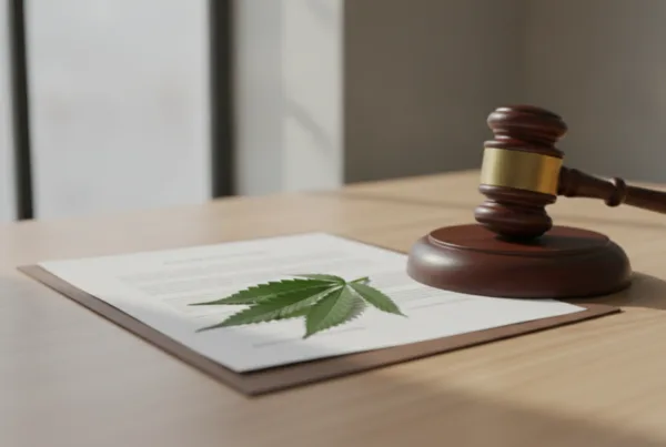Cannabis leaf on legal documents with wooden gavel representing cannabis legalization and public health policy