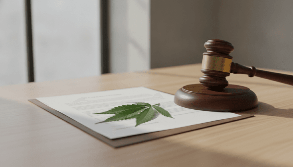 Cannabis leaf on legal documents with wooden gavel representing cannabis legalization and public health policy