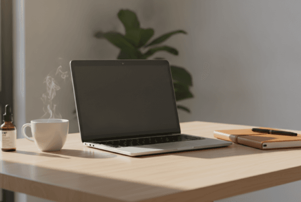 Minimalist desk with laptop notebook coffee and CBD oil bottle representing focus and productivity