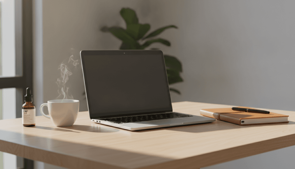 Minimalist desk with laptop notebook coffee and CBD oil bottle representing focus and productivity