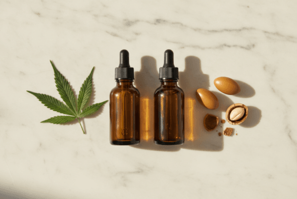 Hemp seed oil and argan oil bottles side by side with their botanical sources for skincare comparison