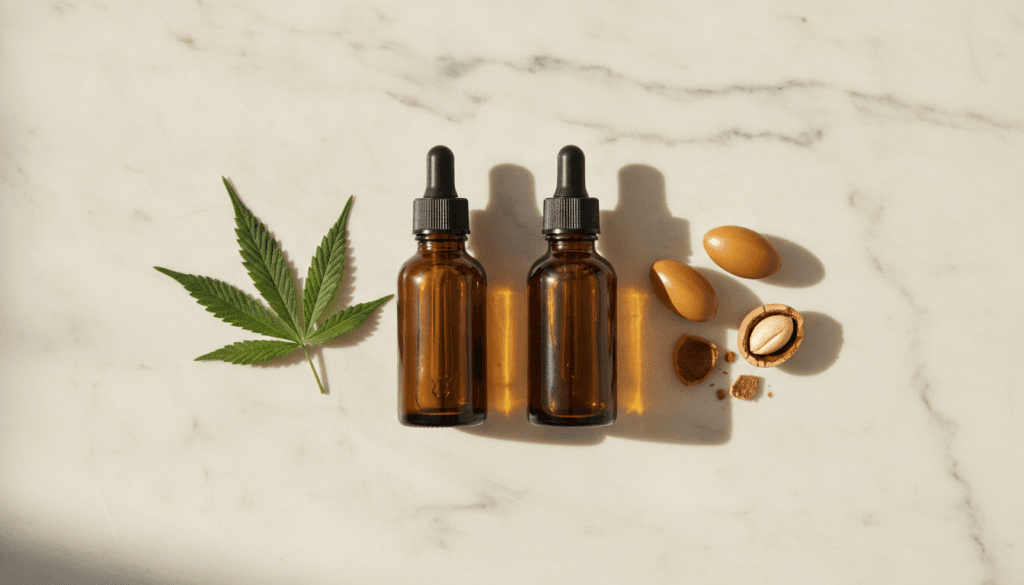 Hemp seed oil and argan oil bottles side by side with their botanical sources for skincare comparison