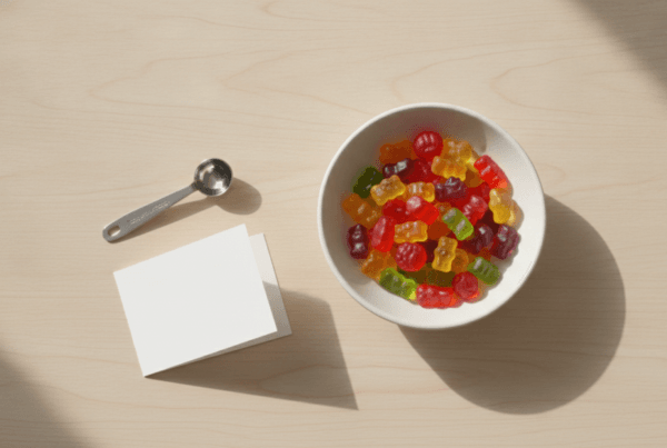 Cannabis gummies in a small dish with a measuring spoon representing THC edibles dosing