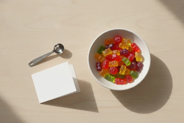 Cannabis gummies in a small dish with a measuring spoon representing THC edibles dosing