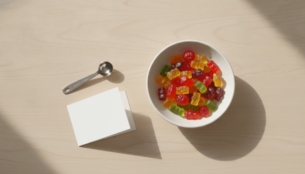 Cannabis gummies in a small dish with a measuring spoon representing THC edibles dosing