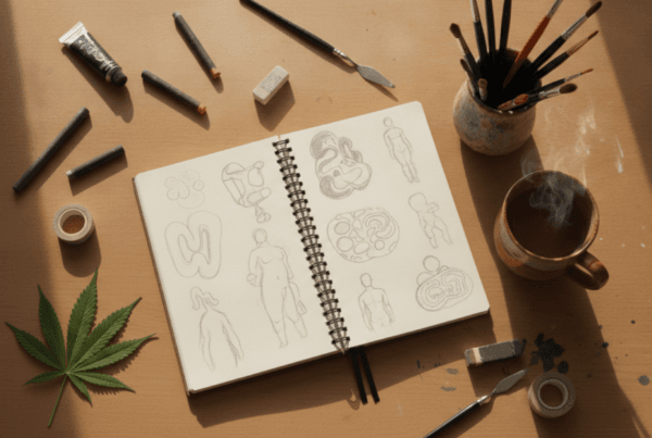 Artist workspace with sketchbook paintbrushes and cannabis leaf representing creativity