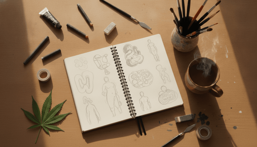Artist workspace with sketchbook paintbrushes and cannabis leaf representing creativity