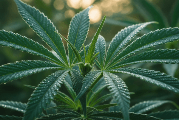 Fresh raw hemp plant with dew drops on leaves representing raw unheated CBDa