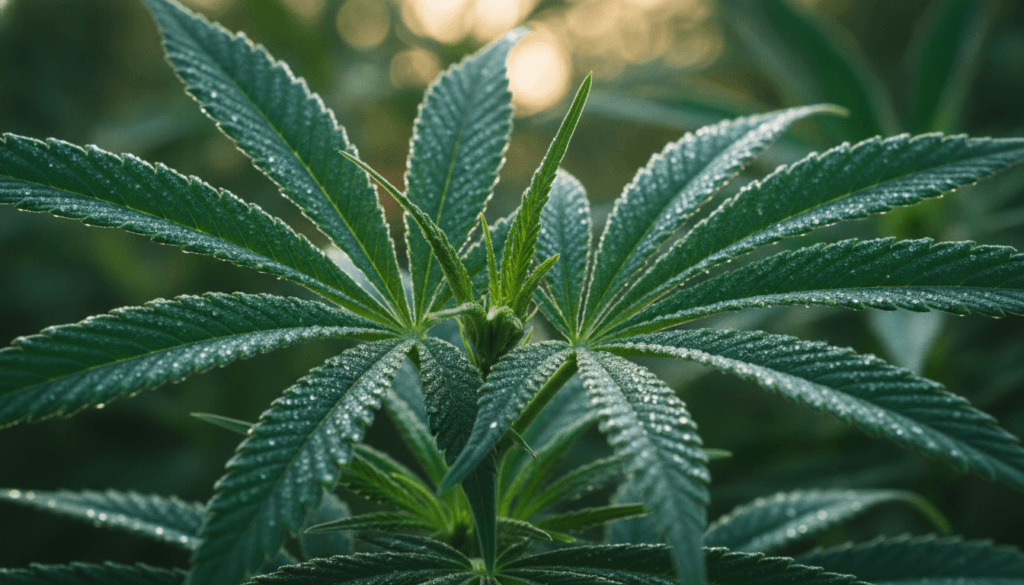 Fresh raw hemp plant with dew drops on leaves representing raw unheated CBDa