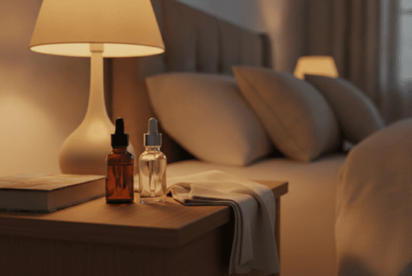 Two small dropper bottles on a nightstand representing CBD and melatonin for sleep