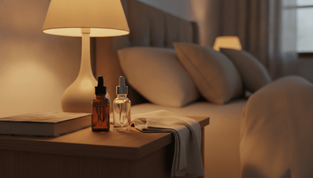 Two small dropper bottles on a nightstand representing CBD and melatonin for sleep