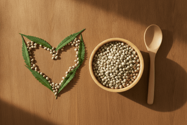 Hemp seeds in a wooden bowl beside a heart shape representing hemp for heart health