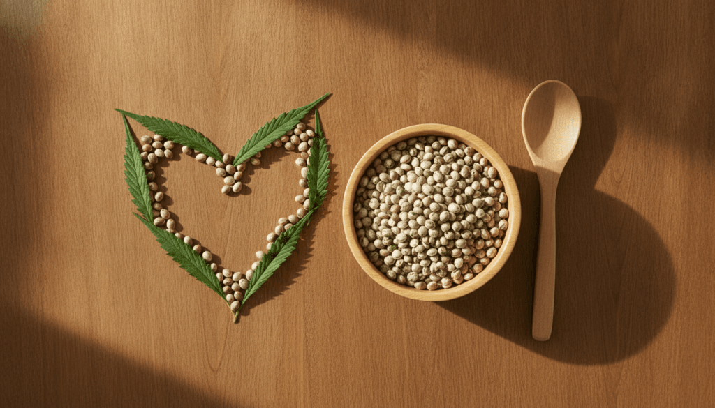 Hemp seeds in a wooden bowl beside a heart shape representing hemp for heart health