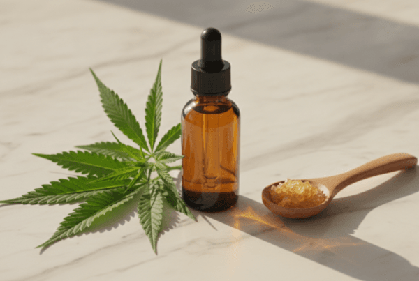 Amber CBD oil bottle with hemp leaves and extract on a marble surface representing full spectrum CBD