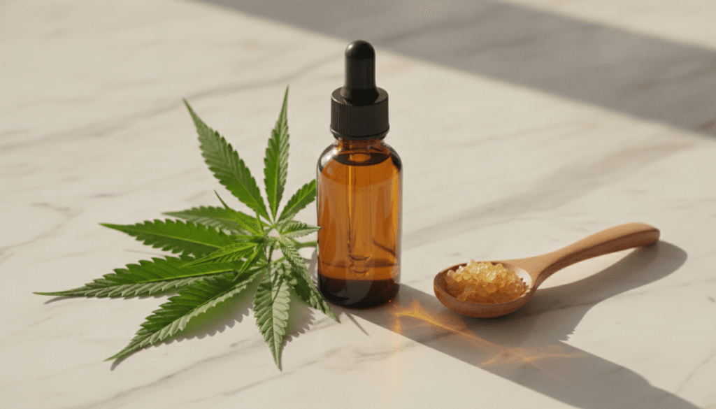 Amber CBD oil bottle with hemp leaves and extract on a marble surface representing full spectrum CBD