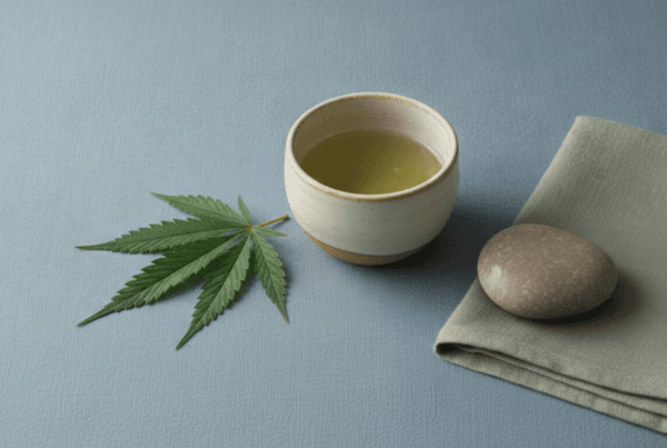 Calm serene still life with cannabis leaf tea cup and river stone representing mental wellness