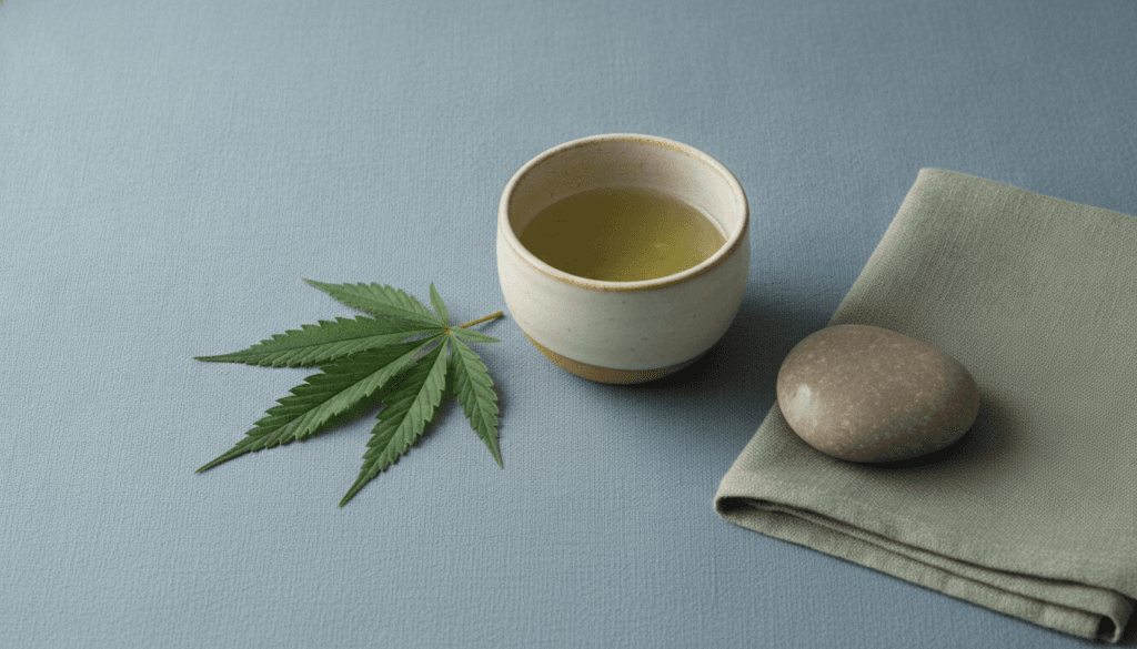 Calm serene still life with cannabis leaf tea cup and river stone representing mental wellness