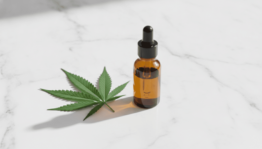 CBD oil dropper bottle beside a green cannabis leaf on a clean white surface